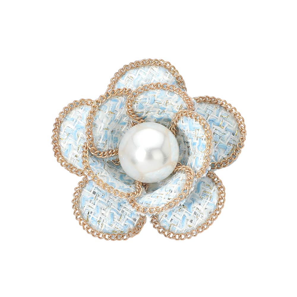 Pearl Accent Chain Rim Tweed Floral Pin Brooch/ Hair Clip
