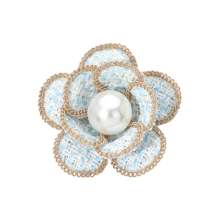 Pearl Accent Chain Rim Tweed Floral Pin Brooch/ Hair Clip