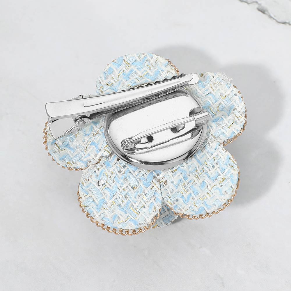Pearl Accent Chain Rim Tweed Floral Pin Brooch/ Hair Clip