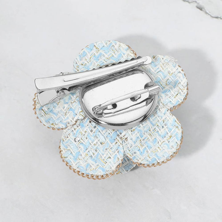 Pearl Accent Chain Rim Tweed Floral Pin Brooch/ Hair Clip