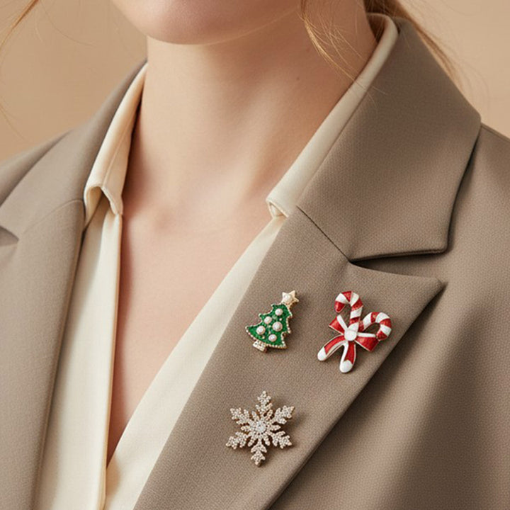 3PCS Christmas Tree Candy Cane Snowflake Brooch Pin Set