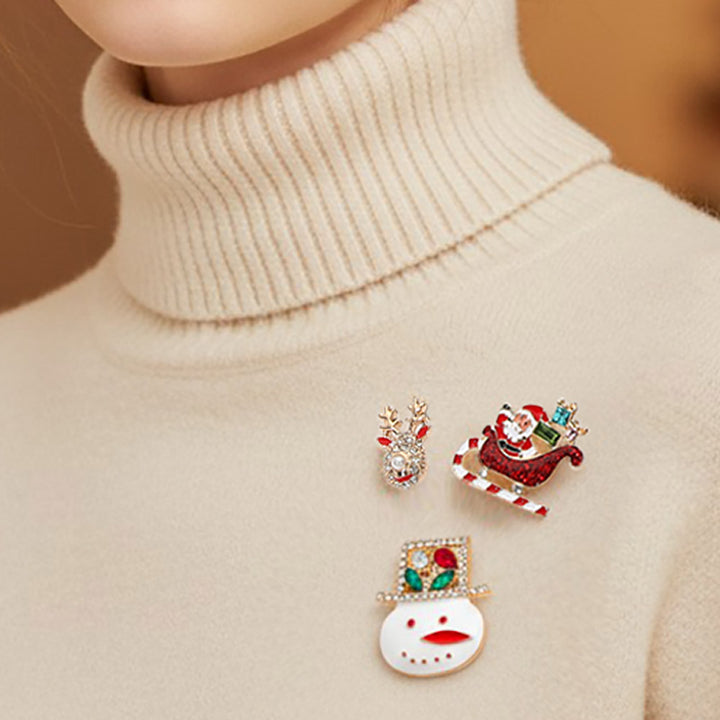 3PCS Christmas Santa Sleigh Snowman Brooch Pin Set