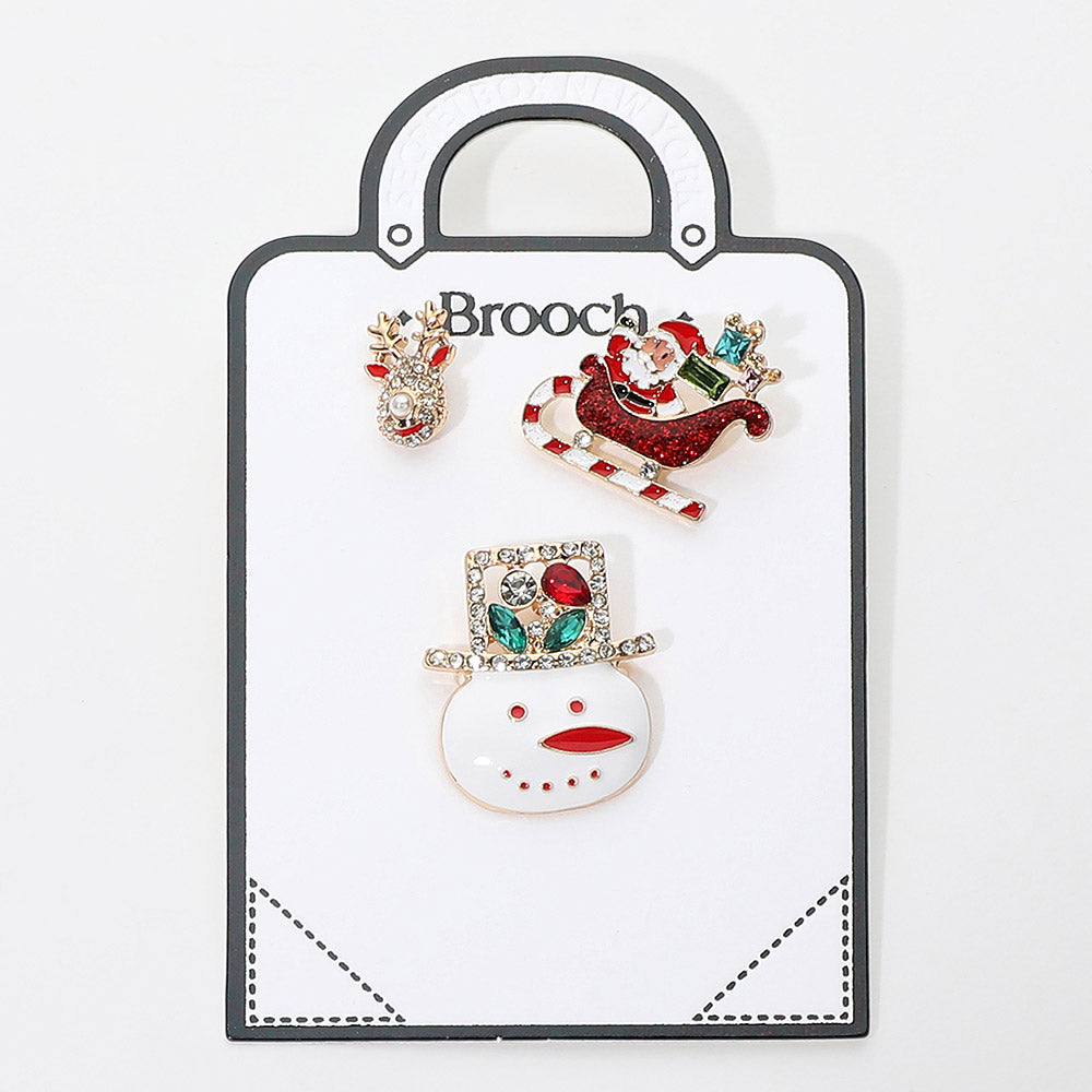 3PCS Christmas Santa Sleigh Snowman Brooch Pin Set