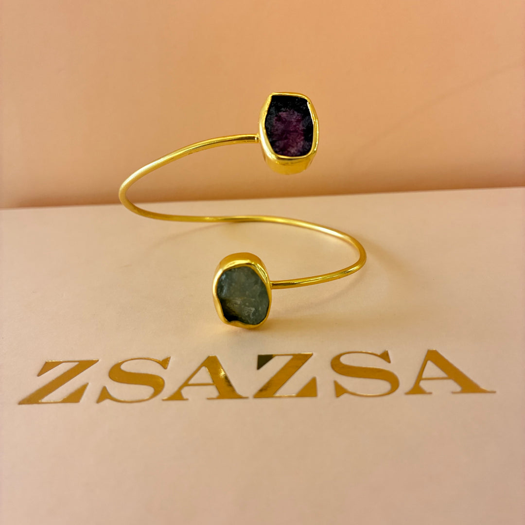 Handmade aquamarine and amethyst bangle