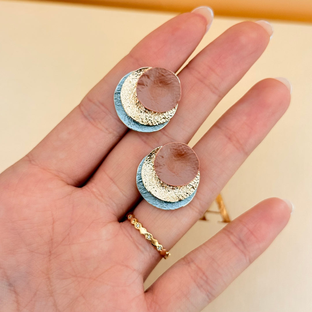 Round brown and grey enamel earrings and ring rose gold plated