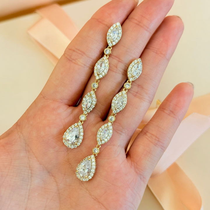 Long marquise and teardrop zircone gold earrings