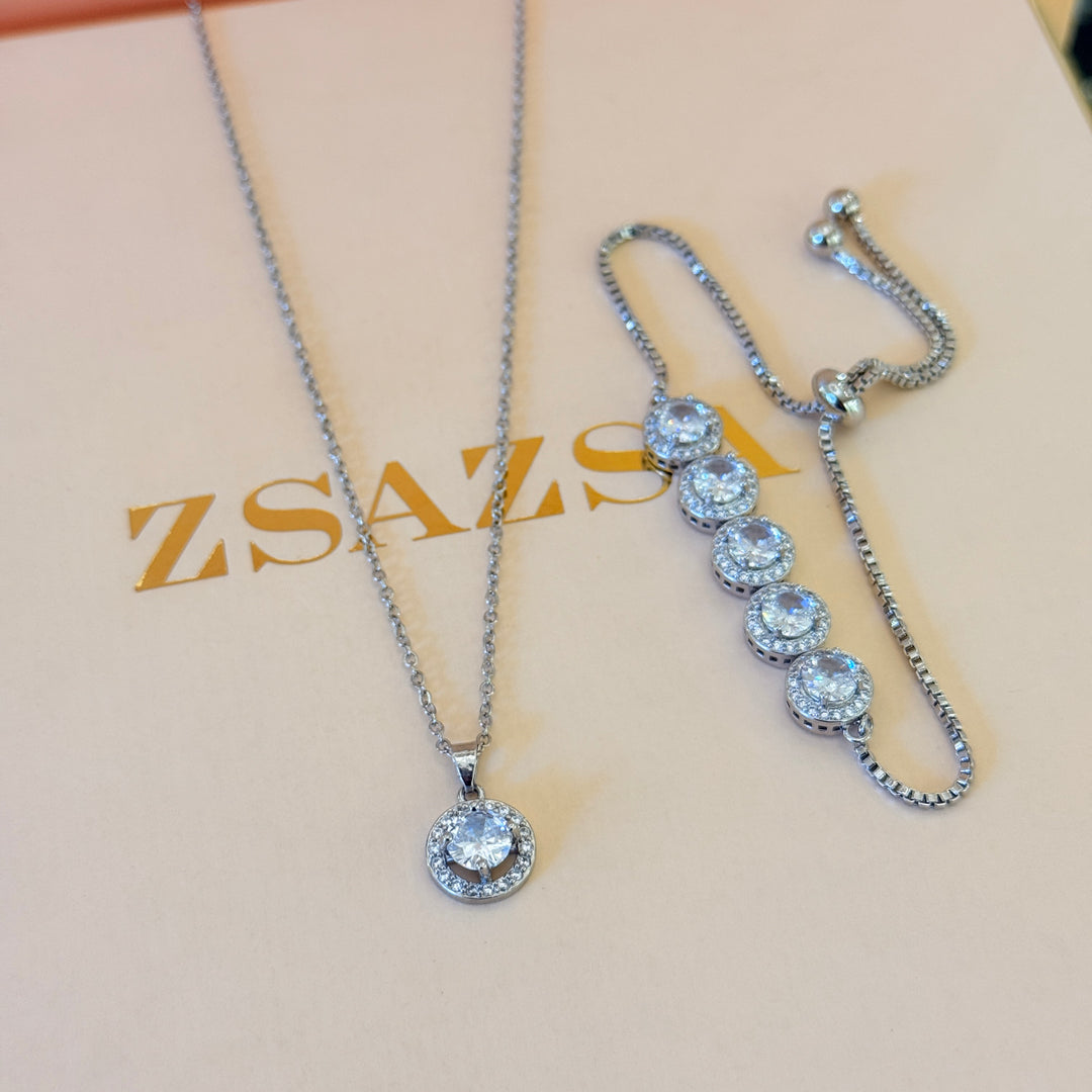 Round zircone silver pendant and bracelet