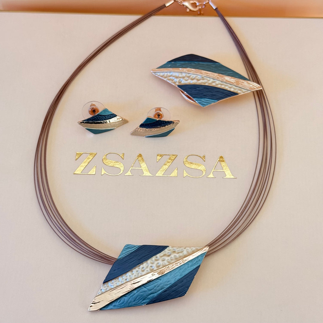 Mixed texture blue enamel rose gold plated set