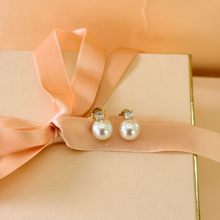 Small zircone and pearl sterling silver gold plated earrings