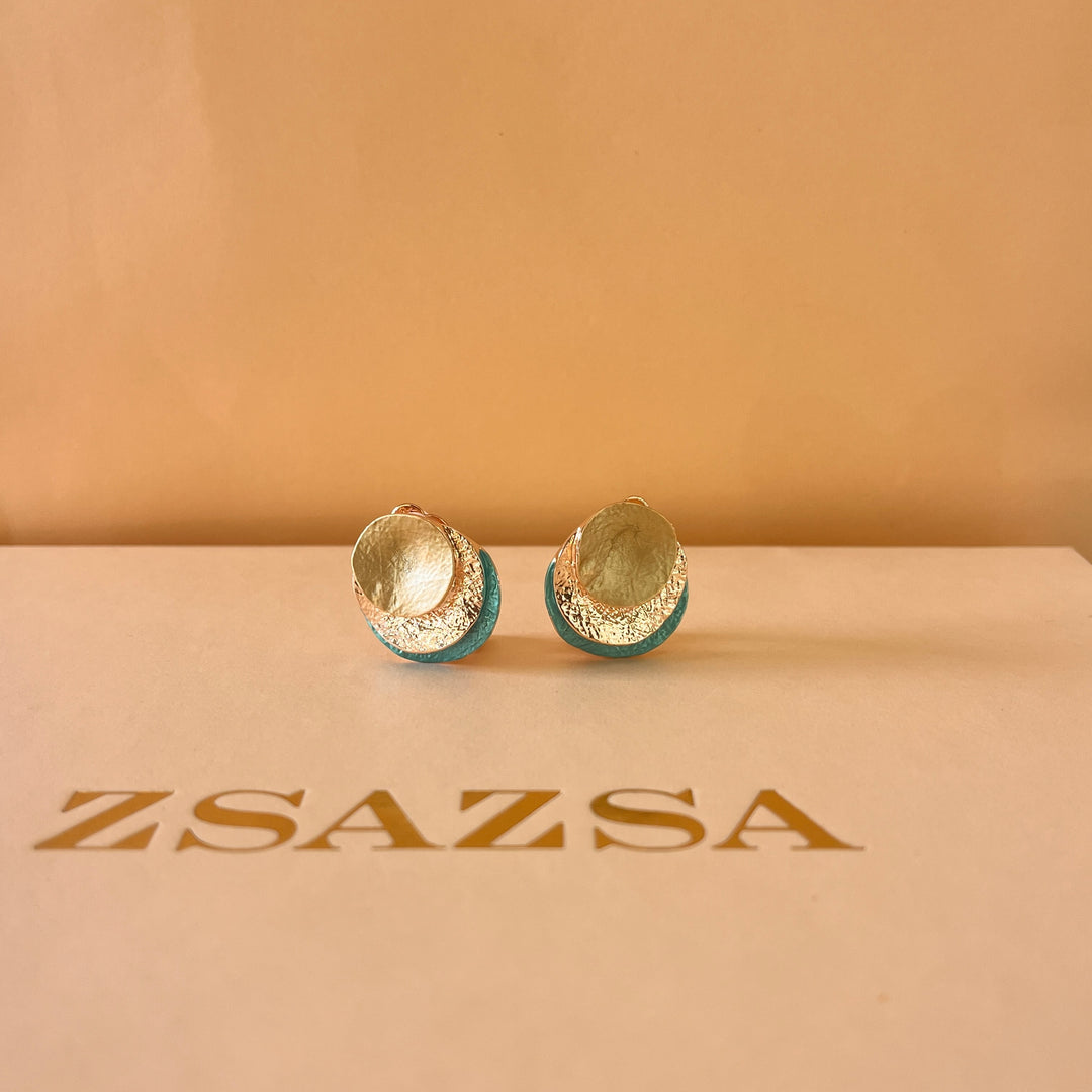Enamel turquoise and lime green rose gold plated clip on earrings