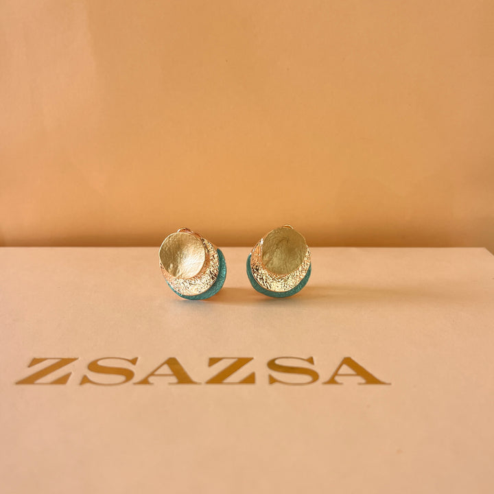 Enamel turquoise and lime green rose gold plated clip on earrings