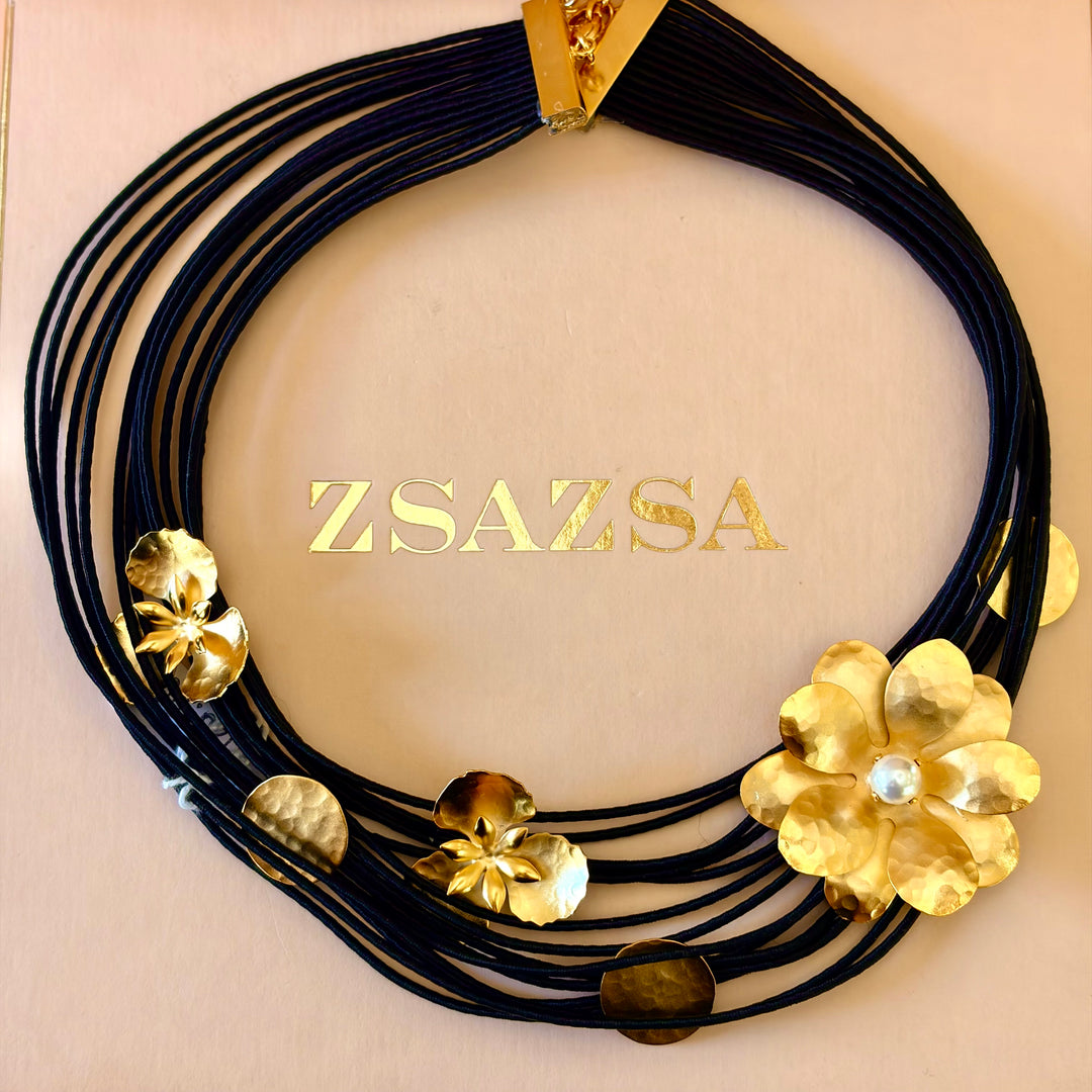Handmade Floral Gold with Strand Cord Necklace | Gold Plated | ZsaZsa