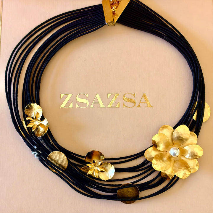 Handmade Floral Gold with Strand Cord Necklace | Gold Plated | ZsaZsa