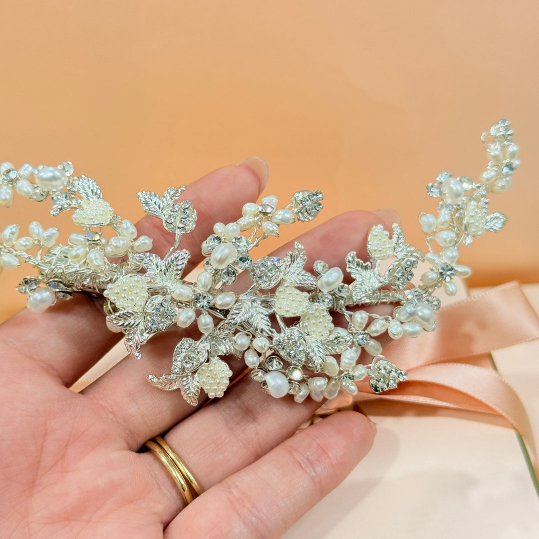 Swarovski crystals & pearls silver hair clip