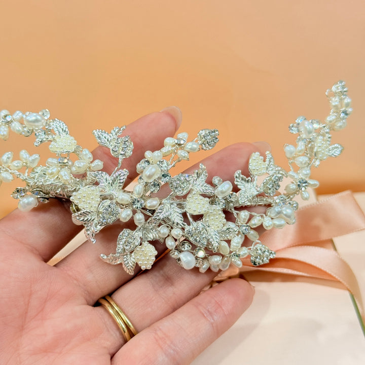 Swarovski crystals & pearls silver hair clip