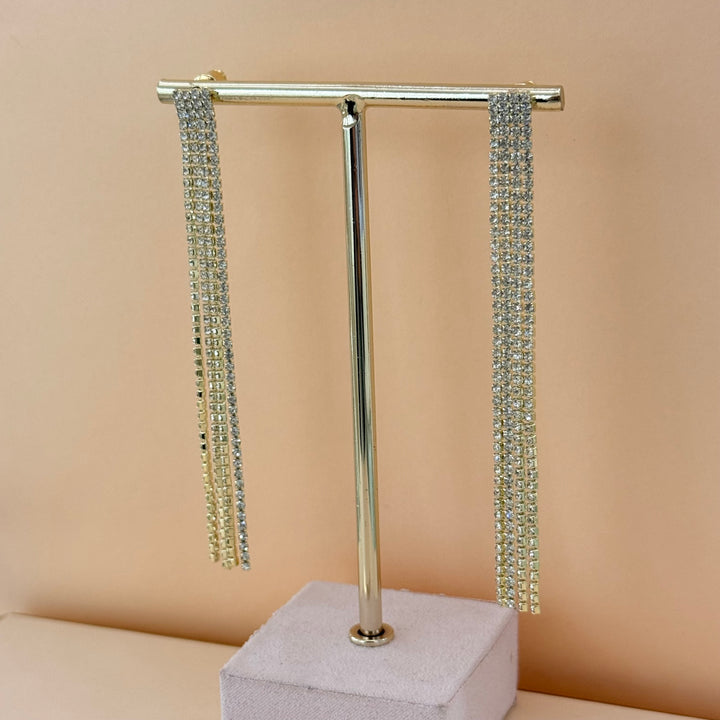 Long fringe gold plated zircone earrings