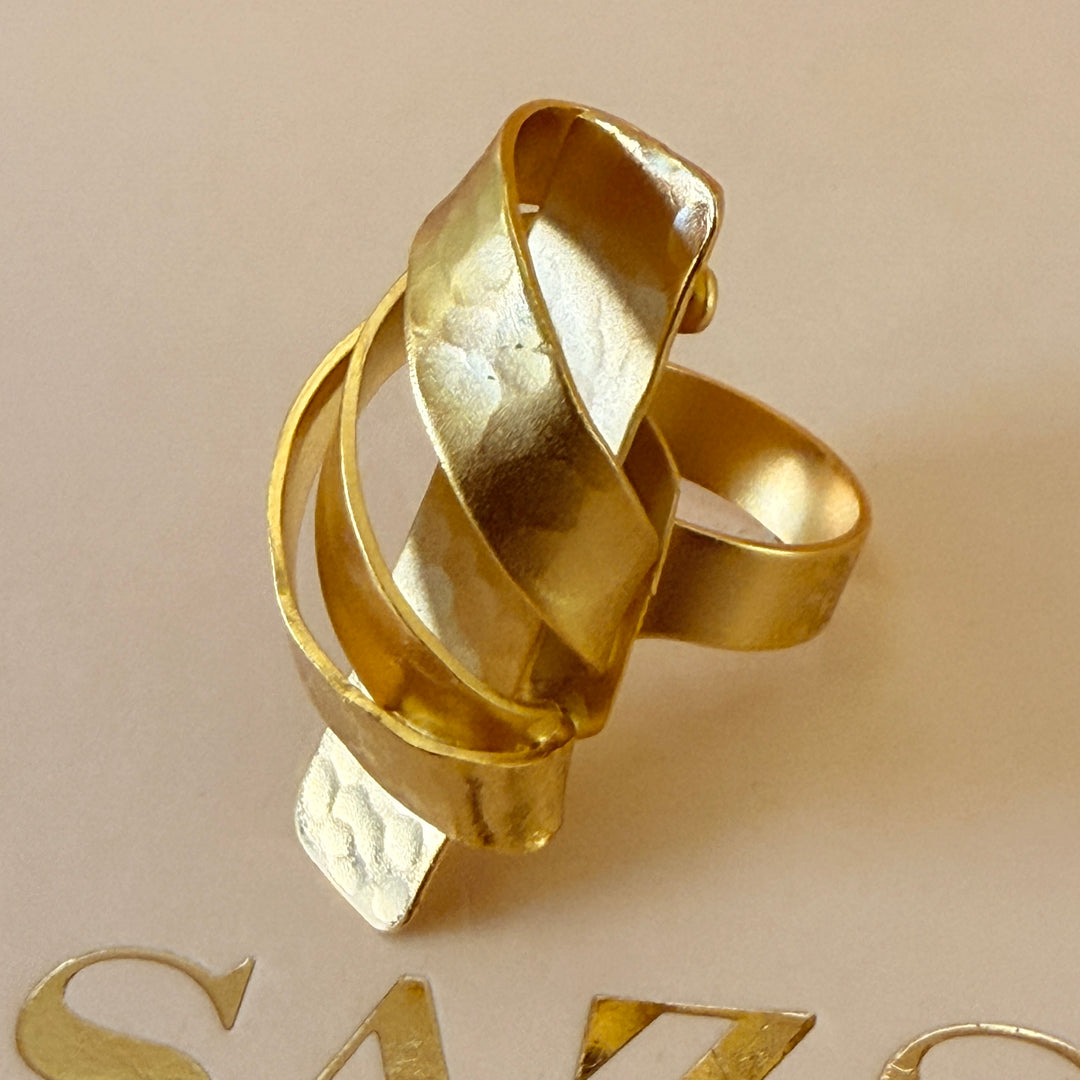 Handmade Rectangle Ribbon Gold Ring | Gold Plated | ZsaZsa