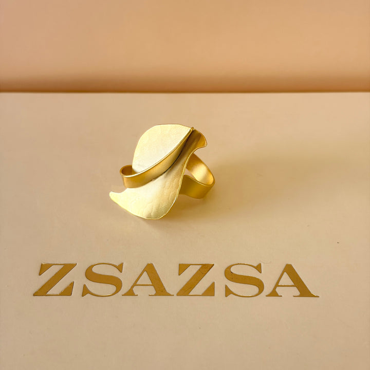 Handmade Abstract Curved  Leaf Gold Ring | Gold Plated | ZsaZsa