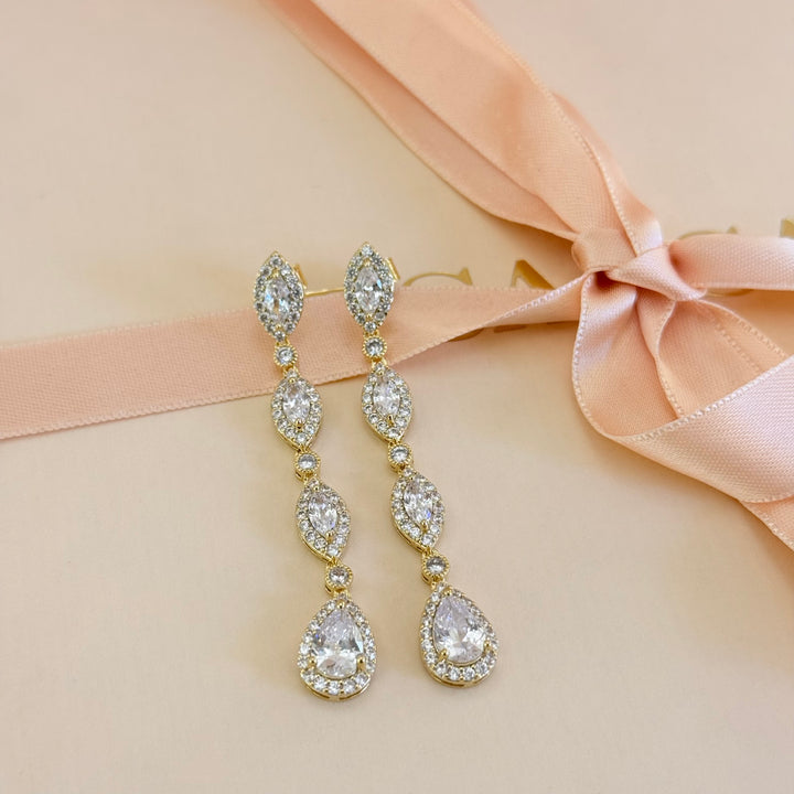 Long marquise and teardrop zircone gold earrings