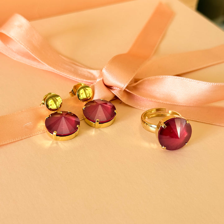 Round red Swarovski crystals earrings and ring