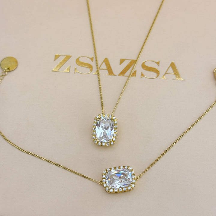 Zircone Rectangular gold plated pendant & bracelet