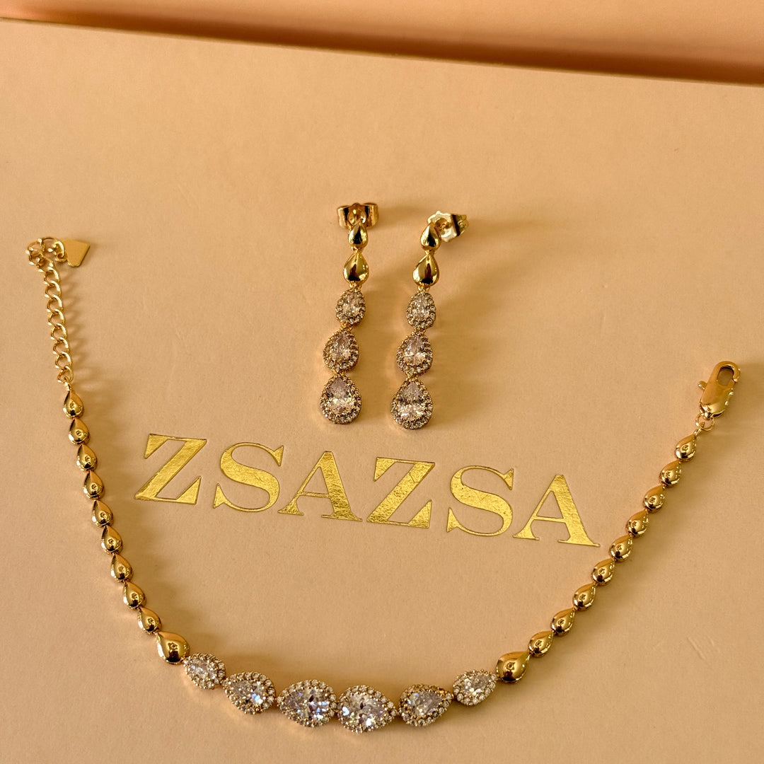Teardrop zircone gold plated earrings and bracelet
