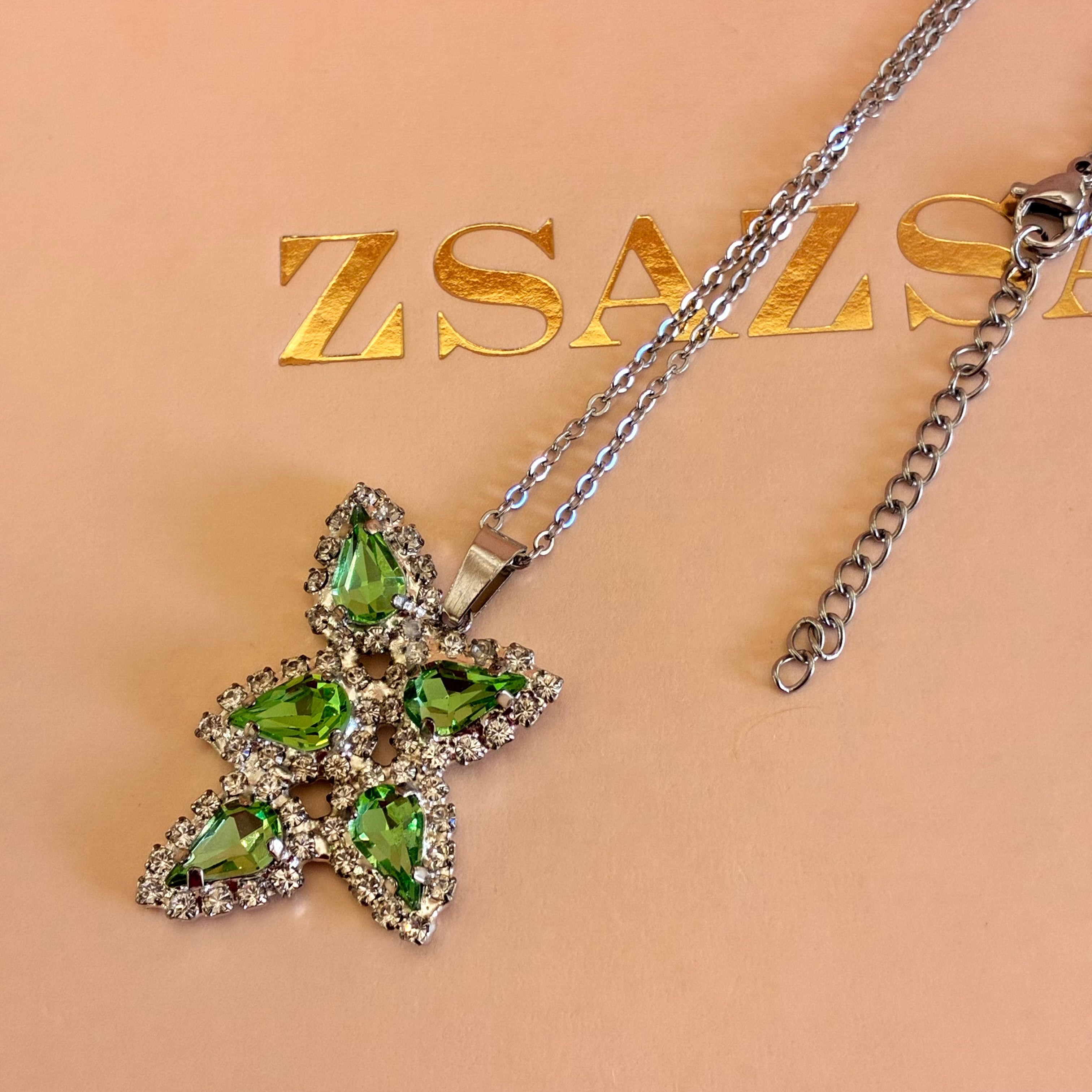 Green teardrops Swarovski crystals silver set