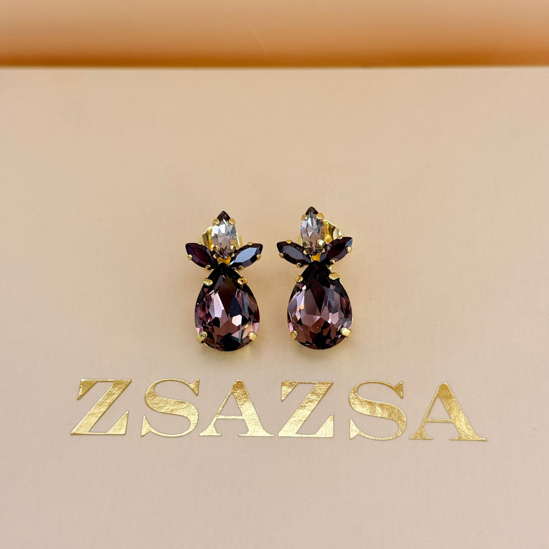 Marquise and teardrop mauve and dark red Swarovski crystals gold plated set