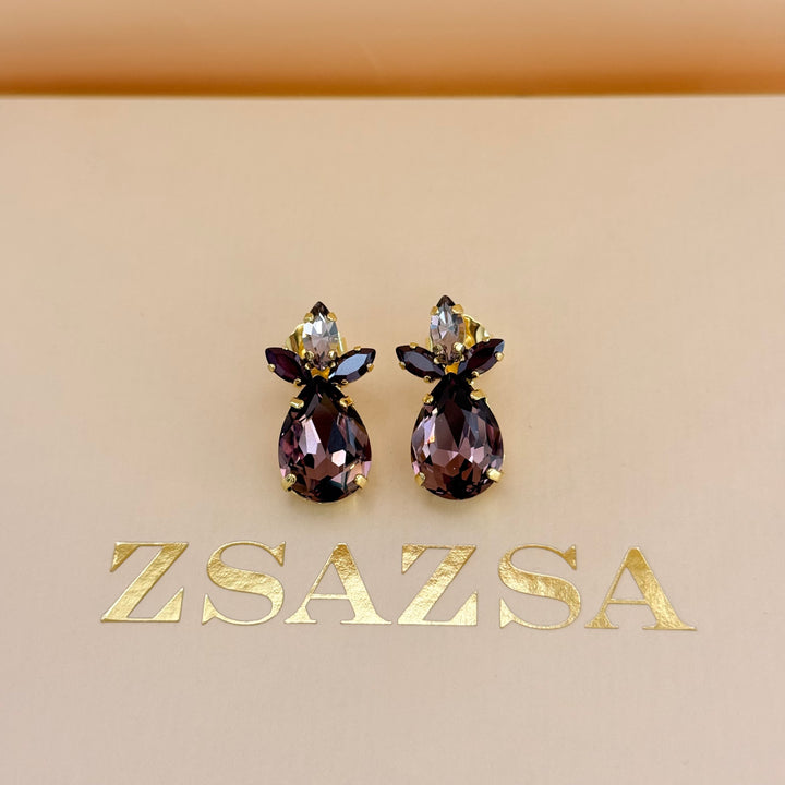 Marquise and teardrop mauve and dark red Swarovski crystals gold plated set