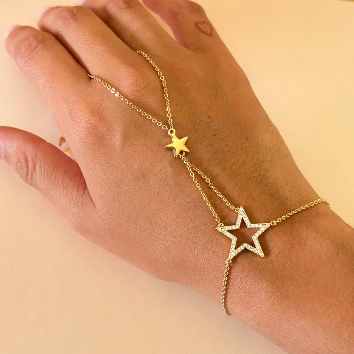 Rhinestone star gold plated ring bracelet
