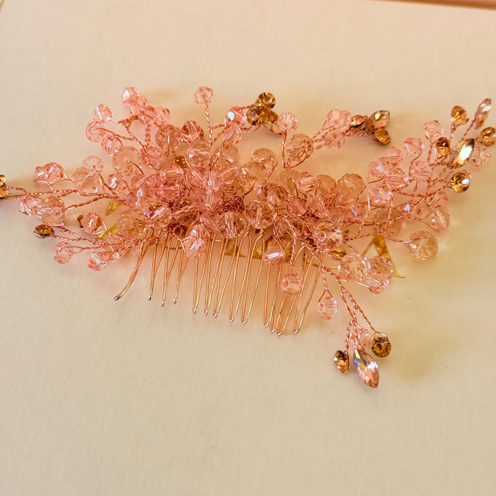 Rhinestone handmade peach rose gold comb