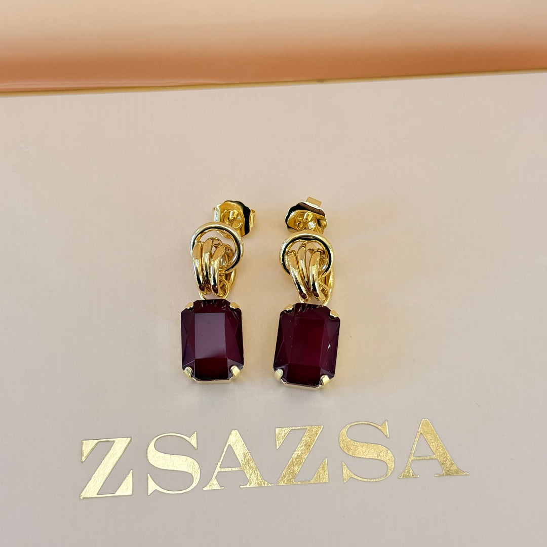 Rectangular Plum Swarovski crystals gold plated set