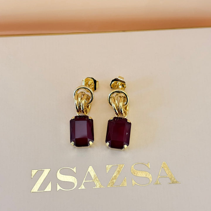 Rectangular Plum Swarovski crystals gold plated set