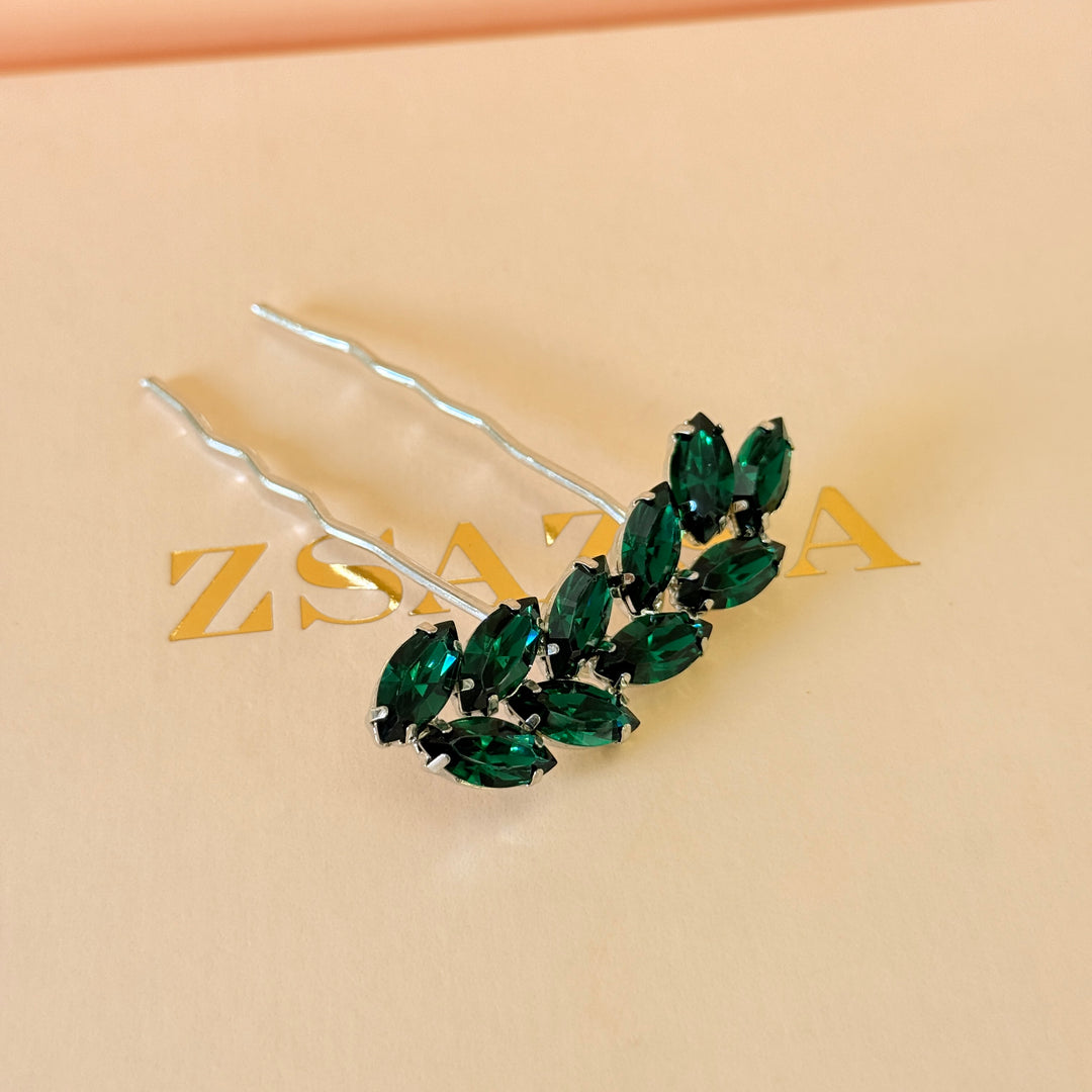 Preciosa crystals dark green silver hair pin
