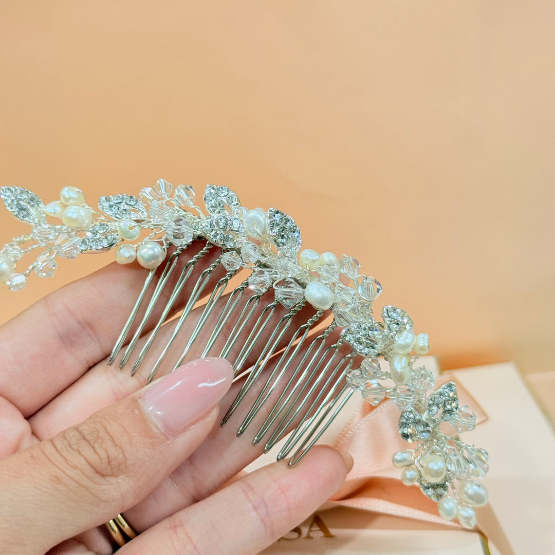 Rhinestone & pearl handmade silver comb