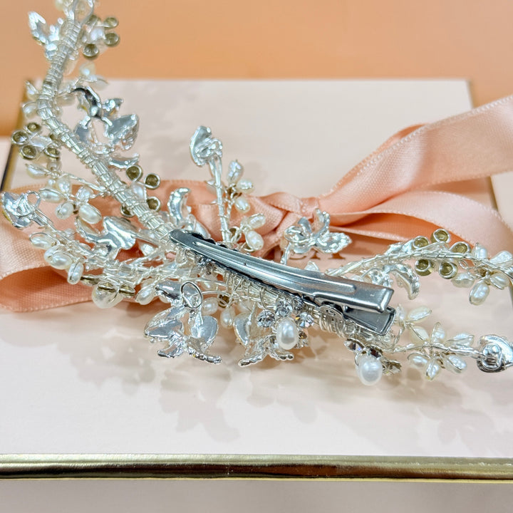 Swarovski crystals & pearls silver hair clip