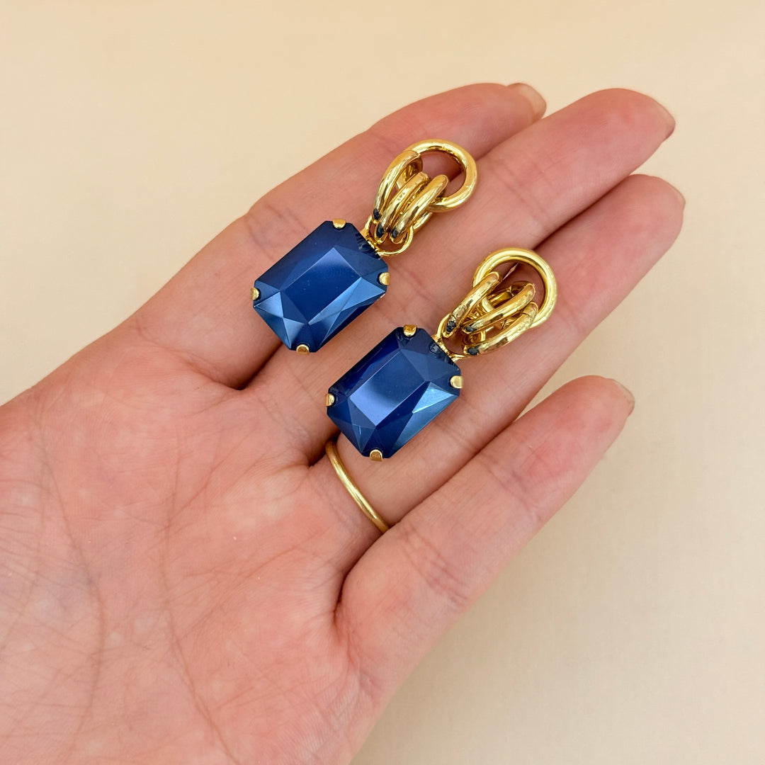 Rectangular royal blue Swarovski crystals gold plated set