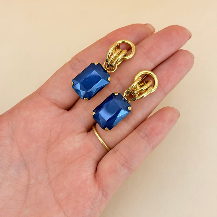 Rectangular royal blue Swarovski crystals gold plated set
