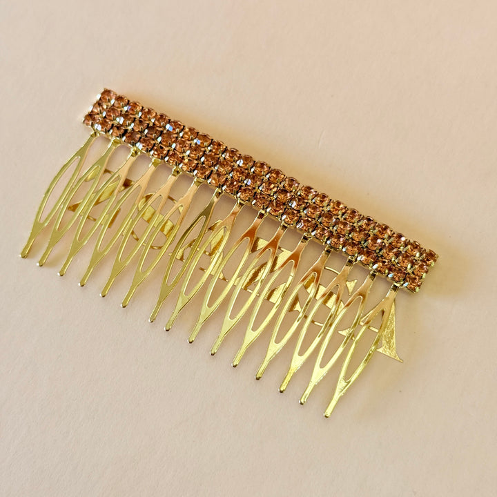 Rhinestone 3 rows peach gold comb