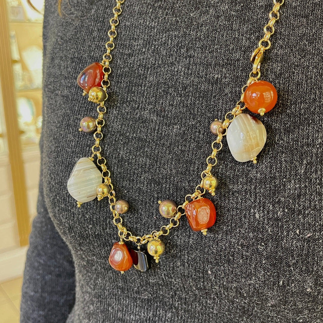 Grey Mallorca pearls and semiprecious stones gold plated necklace