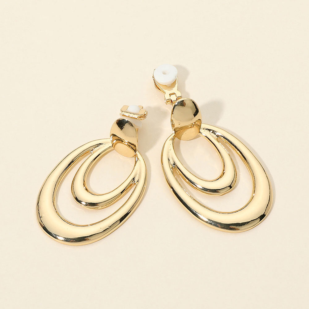 Layered Open Oval Drop Clip On Earrings|zsazsa