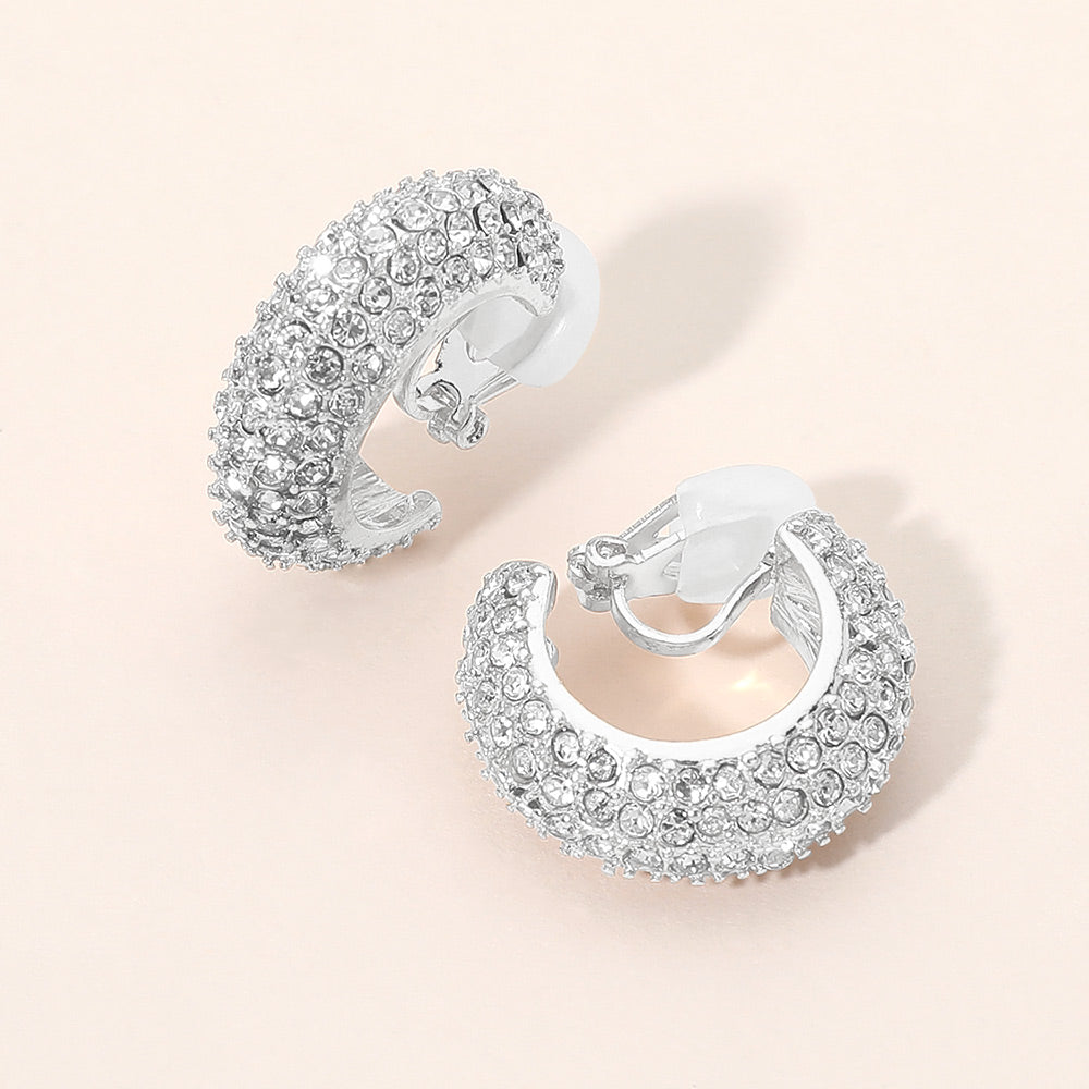 Rhinestone Pave Chunky Hoop Clip On Earrings|zsazsa
