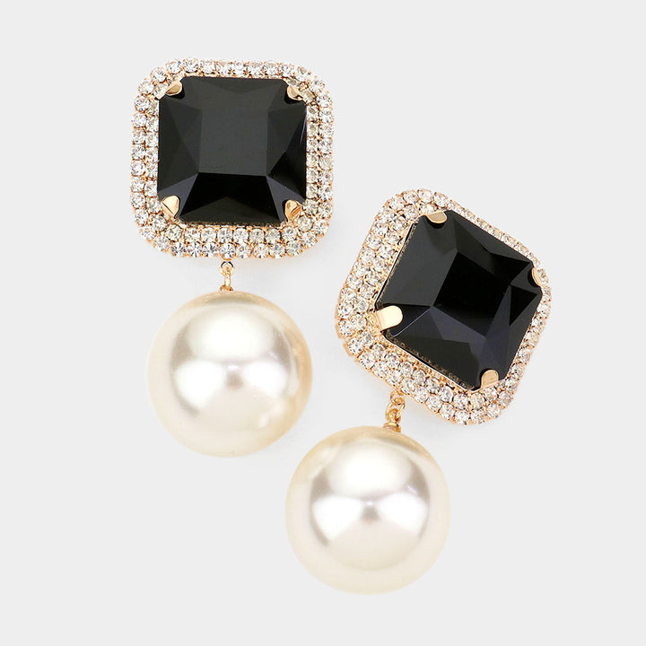 Square Stone Pearl Link Dangle Evening Clip on Earrings