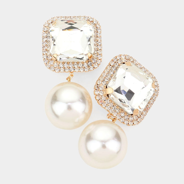 Square Stone Pearl Link Dangle Evening Clip on Earrings