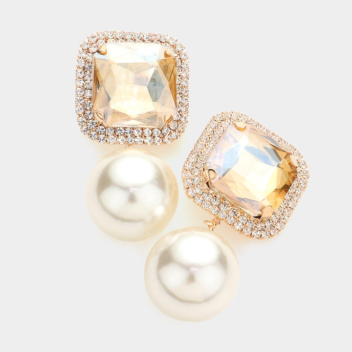 Huge Square Stone Pearl Link Dangle Evening Clip on Earrings
