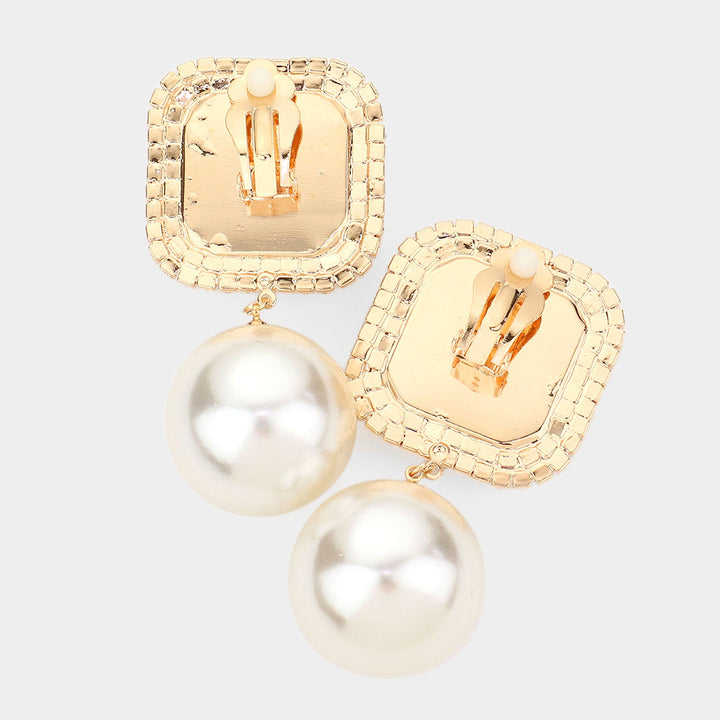 Huge Square Stone Pearl Link Dangle Evening Clip on Earrings