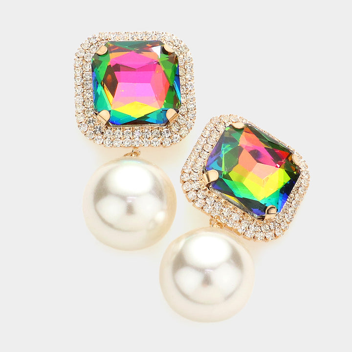 Square Stone Pearl Link Dangle Evening Clip on Earrings