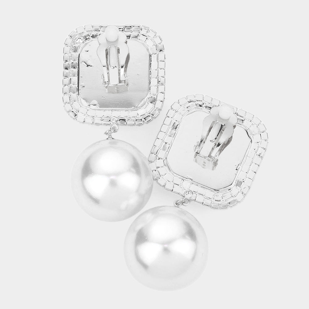 Square Stone Pearl Link Dangle Evening Clip on Earrings