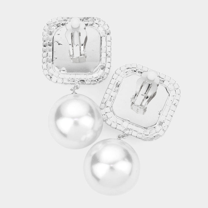 Square Stone Pearl Link Dangle Evening Clip on Earrings