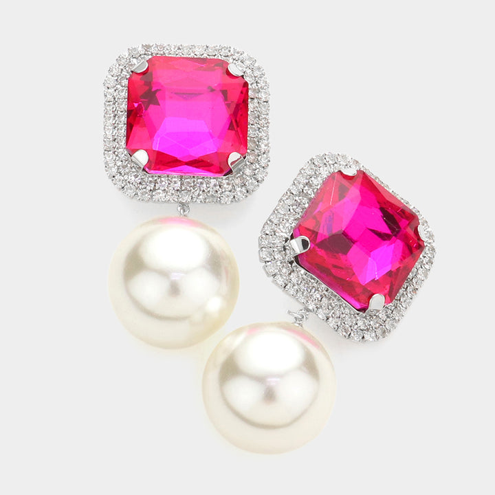 Square Stone Pearl Link Dangle Evening Clip on Earrings